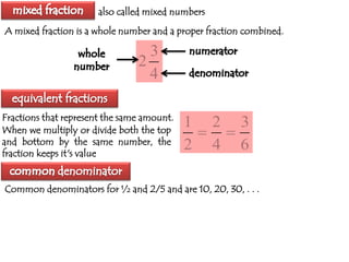 also called mixed numbers
A mixed fraction is a whole number and a proper fraction combined.

3
2
4
Fractions that represent the same amount.
When we multiply or divide both the top
and bottom by the same number, the
fraction keeps it's value

1 2 3
 
2 4 6

Common denominators for ½ and 2/5 and are 10, 20, 30, . . .

 