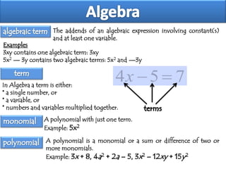 The addends of an algebraic expression involving constant(s)
and at least one variable.

Examples
3xy contains one algebraic term: 3xy
5x2 — 3y contains two algebraic terms: 5x2 and —3y

4x  5  7

In Algebra a term is either:
* a single number, or
* a variable, or
* numbers and variables multiplied together.

A polynomial with just one term.
Example: 5x2
A polynomial is a monomial or a sum or difference of two or
more monomials.
Example: 3x + 8, 4a2 + 2a – 5, 3x2 – 12xy + 15y2

 