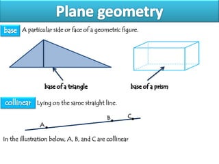 A particular side or face of a geometric figure.

Lying on the same straight line.

In the illustration below, A, B, and C are collinear

 