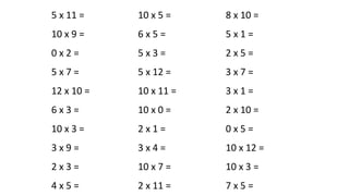 5 x 11 =
10 x 9 =
0 x 2 =
5 x 7 =
12 x 10 =
6 x 3 =
10 x 3 =
3 x 9 =
2 x 3 =
4 x 5 =
10 x 5 =
6 x 5 =
5 x 3 =
5 x 12 =
10 x 11 =
10 x 0 =
2 x 1 =
3 x 4 =
10 x 7 =
2 x 11 =
8 x 10 =
5 x 1 =
2 x 5 =
3 x 7 =
3 x 1 =
2 x 10 =
0 x 5 =
10 x 12 =
10 x 3 =
7 x 5 =
 