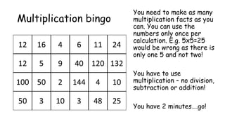 12 16 4 6 11 24
12 5 9 40 120 132
100 50 2 144 4 10
50 3 10 3 48 25
Multiplication bingo
You need to make as many
multiplication facts as you
can. You can use the
numbers only once per
calculation. E.g. 5x5=25
would be wrong as there is
only one 5 and not two!
You have to use
multiplication – no division,
subtraction or addition!
You have 2 minutes….go!
 