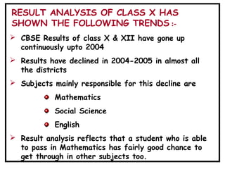  CBSE Results of class X & XII have gone up
continuously upto 2004
 Results have declined in 2004-2005 in almost all
the districts
 Subjects mainly responsible for this decline are
Mathematics
Social Science
English
 Result analysis reflects that a student who is able
to pass in Mathematics has fairly good chance to
get through in other subjects too.
RESULT ANALYSIS OF CLASS X HAS
SHOWN THE FOLLOWING TRENDS :-
 