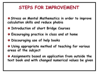 Stress on Mental Mathematics in order to improve
calculation skills and reduce phobia
Introduction of short Bridge Courses
Encouraging practice in class and at home
Discouraging use of help books
Using appropriate method of teaching for various
areas of the subject
Assignments based on application from outside the
text book and with changed numerical values be given
STEPS FOR IMPROVEMENT
 