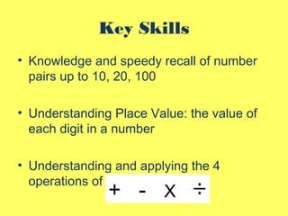 Key Skills
• Knowledge and speedy recall of number
pairs up to 10, 20, 100
• Understanding Place Value: the value of
each digit in a number
• Understanding and applying the 4
operations of number
+ - X
 