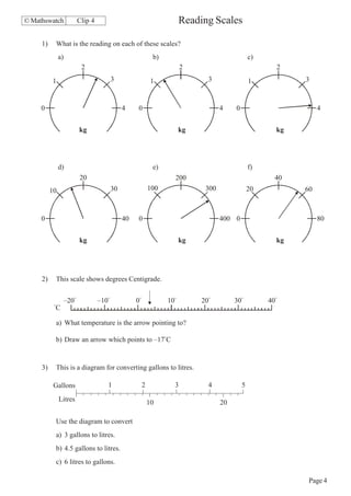 © Mathswatch               Clip 4                                         Reading Scales

     1)        What is the reading on each of these scales?
               a)                                              b)                                  c)
                            2                                             2                               2
          1                                3                   1                 3                 1           3



     0                                          4     0                               4    0                        4


                           kg                                             kg                              kg




               d)                                              e)                                  f)
                           20                                         200                                 40
          10                               30                 100               300                20          60



     0                                          40    0                               400 0                         80


                           kg                                             kg                              kg




     2)        This scale shows degrees Centigrade.


                    –20°            –10°             0°             10°        20°         30°          40°
           °
               C

               a) What temperature is the arrow pointing to?

               b) Draw an arrow which points to –17°C


     3)        This is a diagram for converting gallons to litres.

           Gallons                     1                  2           3          4             5

                Litres                                        10                      20

               Use the diagram to convert
               a) 3 gallons to litres.
               b) 4.5 gallons to litres.
               c) 6 litres to gallons.

                                                                                                                Page 4
 