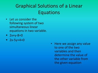 Graphical Solutions of a Linear
Equations
• Let us consider the
following system of two
simultaneous linear
equations in t...