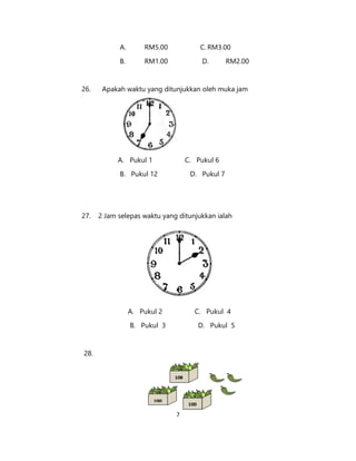7
A. Pukul 2 C. Pukul 4
B. Pukul 3 D. Pukul 5
28.
A. RM5.00 C. RM3.00
B. RM1.00 D. RM2.00
26. Apakah waktu yang ditunjukkan oleh muka jam
A. Pukul 1 C. Pukul 6
B. Pukul 12 D. Pukul 7
27. 2 Jam selepas waktu yang ditunjukkan ialah
 