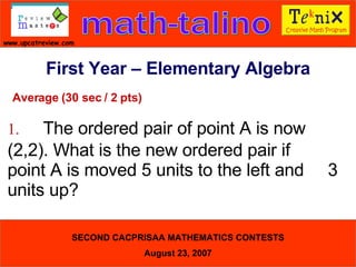 Average (30 sec / 2 pts) 1. The ordered pair of point A is now  (2,2). What is the new ordered pair if  point A is moved 5 units to the left and  3 units up?  First Year – Elementary Algebra 