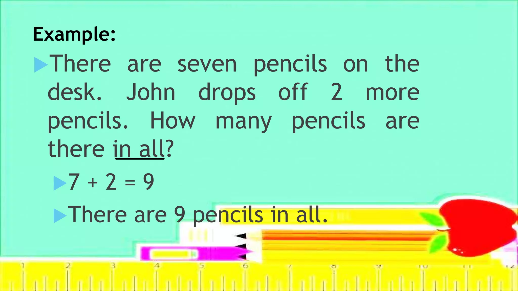 Example:
There are seven pencils on the
desk. John drops off 2 more
pencils. How many pencils are
there in all?
7 + 2 = 9
There are 9 pencils in all.
 
