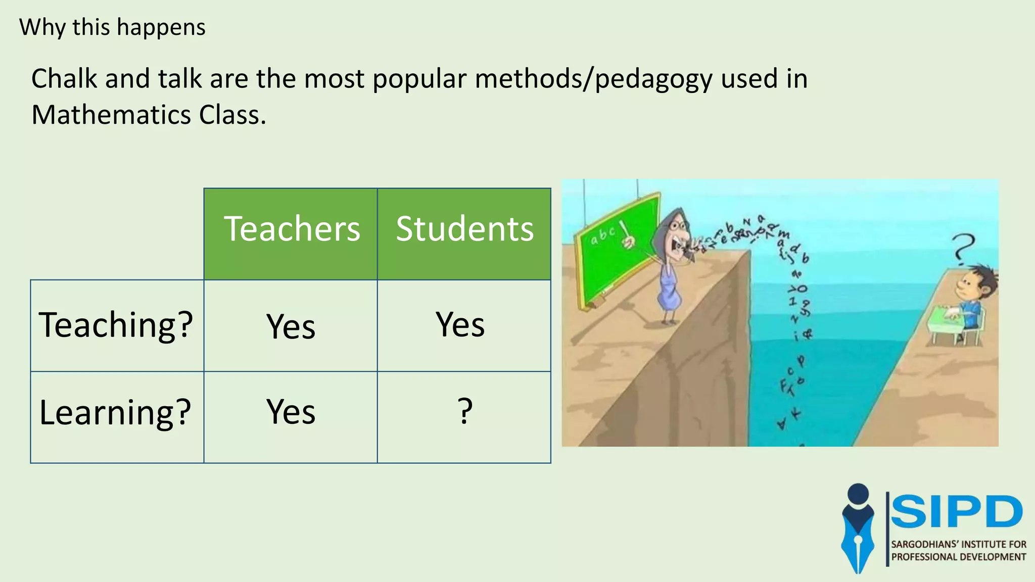 Chalk and talk are the most popular methods/pedagogy used in
Mathematics Class.
Why this happens
Teachers Students
Teaching?
Learning?
Yes
Yes
Yes
?
 