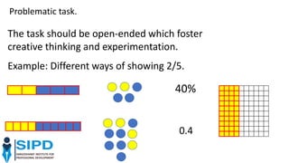 Example: Different ways of showing 2/5.
The task should be open-ended which foster
creative thinking and experimentation.
Problematic task.
40%
0.4
 