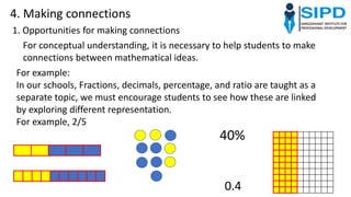 4. Making connections
1. Opportunities for making connections
For conceptual understanding, it is necessary to help students to make
connections between mathematical ideas.
For example:
In our schools, Fractions, decimals, percentage, and ratio are taught as a
separate topic, we must encourage students to see how these are linked
by exploring different representation.
For example, 2/5
40%
0.4
 