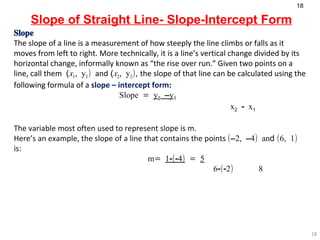 Slope of Straight Line- Slope-Intercept Form Slope The slope of a line is a measurement of how steeply the line climbs or falls as it moves from left to right. More technically, it is a line’s vertical change divided by its horizontal change, informally known as “the rise over run.” Given two points on a line, call them   ( x 1 , y 1 )  and  ( x 2 , y 2 ) ,  the slope of that line can be calculated using the following formula of a  slope – intercept form :   Slope =  y 2  –y 1   x 2  - x 1 The variable most often used to represent slope is m. Here’s an example, the slope of a line that contains the points  (–2, –4) an d  (6, 1)  is:   m=  1-(-4)  =  5     6-(-2)  8  