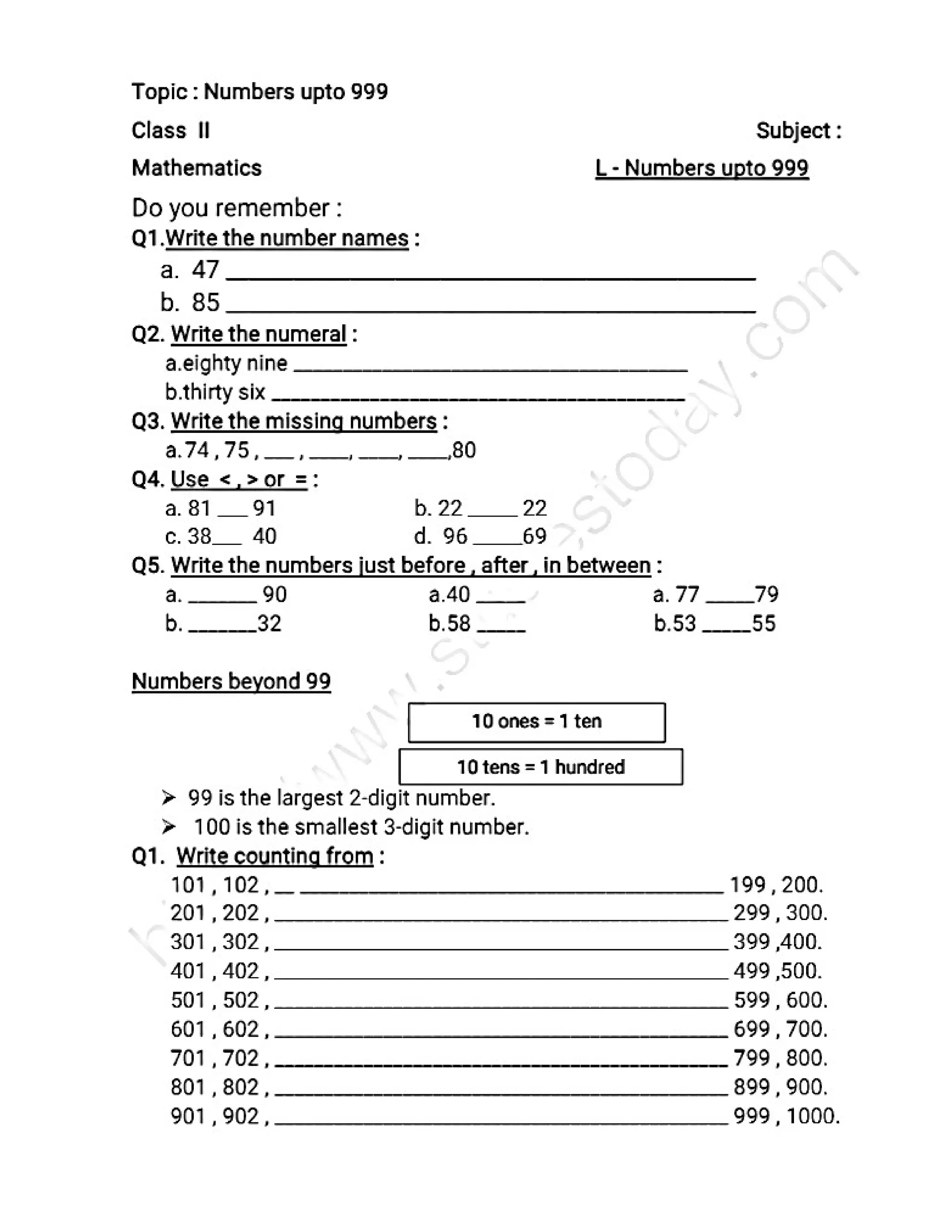 Half yearly math practice test paper for grade 2 | DOCX