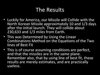 The Results Luckily for America, our Missile will Collide with the North Korean Missile approximately 10 and 1/3 days after the initial launch. They will collide about 230,633 and 1/3 miles from Earth. This was Determined by Using the Linear Combinations Method on the Equations of the Two lines of Best Fit This is of course assuming conditions are perfect, and that the missiles are in the same plane. Remember also, that by using line of best fit, these results are merely estimates, and are practically useless.  