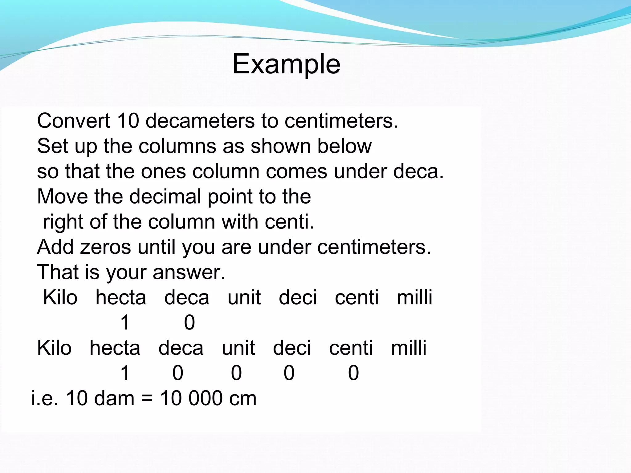 Convert 10 decameters to centimeters.
Set up the columns as shown below
so that the ones column comes under deca.
Move the decimal point to the
right of the column with centi.
Add zeros until you are under centimeters.
That is your answer.
Kilo hecta deca unit deci centi milli
1 0
Kilo hecta deca unit deci centi milli
1 0 0 0 0
i.e. 10 dam = 10 000 cm
Example
 