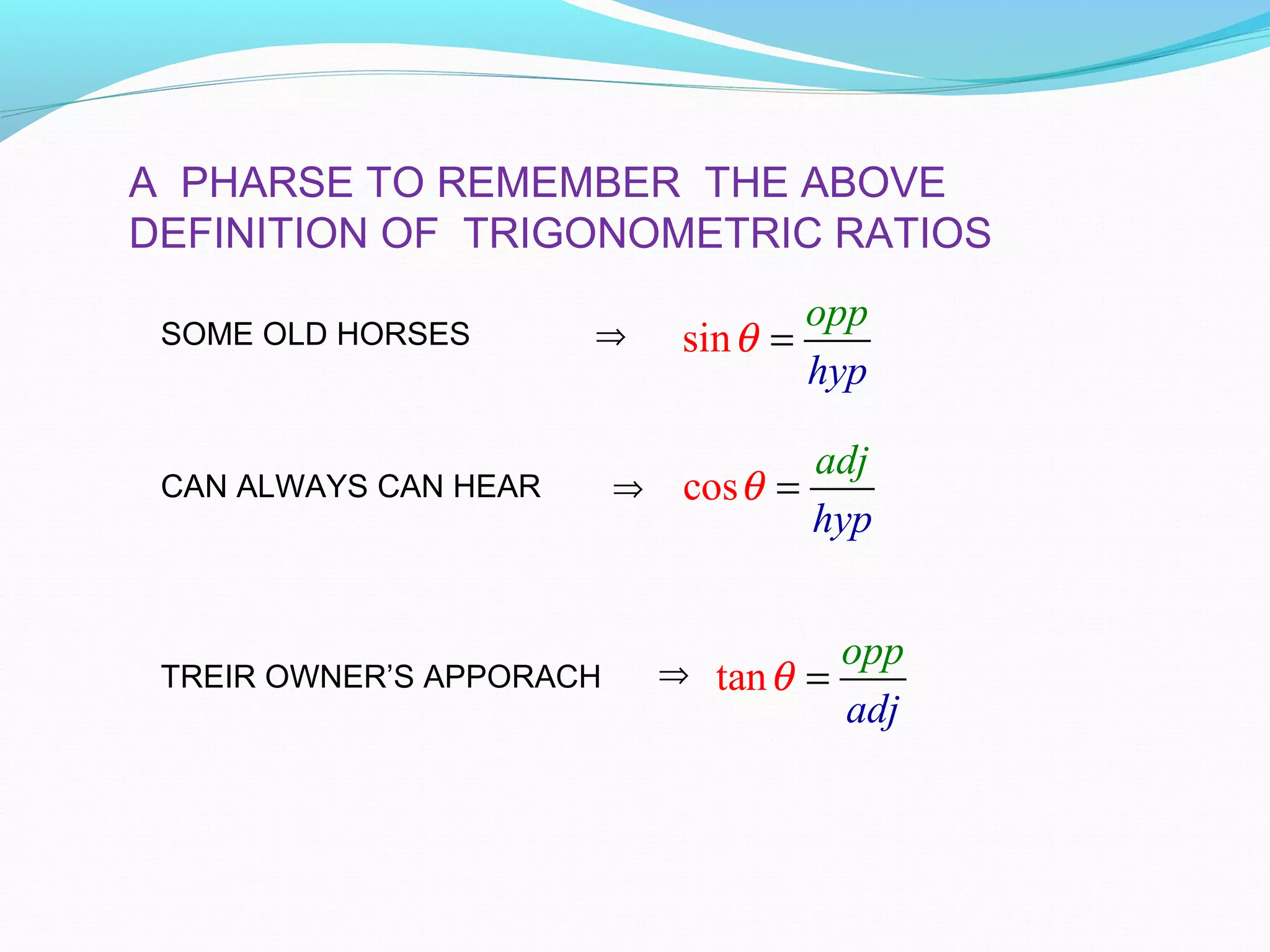 A PHARSE TO REMEMBER THE ABOVE
DEFINITION OF TRIGONOMETRIC RATIOS
SOME OLD HORSES ⇒
CAN ALWAYS CAN HEAR ⇒
TREIR OWNER’S APPORACH
sin
o
yp
pp
h
θ =
cos
a
yp
dj
h
θ =
tan
o
dj
pp
a
θ =⇒
 