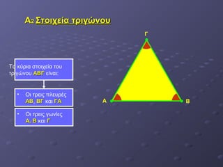 Γ 
ΑΑ22 ΣΣττοοιιχχεείίαα ττρριιγγώώννοουυ 
Α Β 
Τα κύρια στοιχεία του 
τριγώνου ΑΑΒΒΓΓ είναι: 
• Οι τρεις πλευρές 
ΑΑΒΒ, ΒΒΓΓ και ΓΓΑΑ 
• Οι τρεις γωνίες 
ΑΑ,, ΒΒ και ΓΓ 
 
