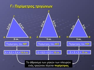 ΓΓ22 ΠΠεερρίίμμεεττρροοςς ττρριιγγώώννωωνν 
ΖΖ 
ΔΔ ΕΕ 
ΗΗ 
ΙΙ 
ΘΘ 
5 εκ. 
5 εκ. 
5 εκ. 
5 εκ. 
6,5 εκ. 
6,5 εκ. 
6 εκ. 
5,4 εκ. 
6,5 εκ. 
ΑΑ 
ΓΓ 
ΒΒ 
Περίμετρος του ΑΑΒΒΓΓ Περίμετρος του ΔΔΕΕΖΖ Περίμετρος του ΗΗΘΘΙΙ 
6 + 6,5 + 5,4 =1199,,99 εεκκ.. 5 + 6,5 + 6,5 = 1188 εεκκ.. 5 + 5 + 5 = 1155 εεκκ.. 
Το άθροισμα των μηκών των πλευρών 
ενός τριγώνου λέγεται ππεερρίίμμεεττρροοςς 
 