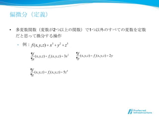ƫ΢֣x

?   v2Ϥv1Τ٤ƤΉ
    ˼ä΢֤

    ?    f (x, y, z) = x 3 + y 2 + z 5

             ?f                                   ?f
                (x, y, z) = fx (x, y, z) = 3x 2      (x, y, z) = f y (x, y, z) = 2y
             ?x                                   ?y


             ?f
                (x, y, z) = fz (x, y, z) = 5z 4
             ?z
 