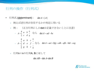 Фβʽ

?   ʽ (determinant)        det A =| A |
    ?   Фڤ뤫жä

    ?    Фˤdet϶xǤʤȤע⣩
              ? a b ?
        ?   A=?         ʤ det A = ad - bc
               c d ?
              ?           ?
              ? a b     c 
        ?   A=? d e     f  ʤ     det A = aei + bfg + cdh - afh - bdi - ceg
              ? g h     i 
                         ?

    ?   nnA, Bˌ

                          det AB = det A det B
 