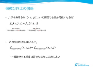 偏微分同⼠士の関係

•  f が⼗十分滑らか（= x, yについて何回でも微分可能）ならば

  f xy (x, y, z) = f yx (x, y, z)
       ↑                    ↑
    まずxで微分し              まずyで微分し
できた関数をさらにyで微分する      できた関数をさらにxで微分する




•  これを繰り返し⽤用いると，

  f xyzyyxwzxxzy (x, y, z) = f xxxxxyyyyzzzw (x, y, z)

  → 偏微分する順序は好きなように決めてよい
 