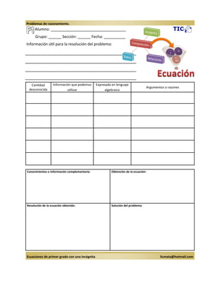 Problemas de razonamiento.
Alumno: ___________________________________
Grupo: ______ Sección: ______ Fecha: __________
Información útil para la resolución del problema:
Cantidad Información que podemos Expresada en lenguaje
Argumentos o razones
desconocida utilizar algebraico
Conocimientos o información complementaria: Obtención de la ecuación:
Resolución de la ecuación obtenida: Solución del problema:
Ecuaciones de primer grado con una incógnita licmata@hotmail.com