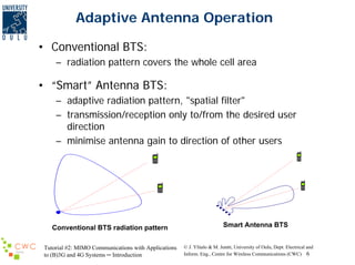Adaptive Antenna Operation
• Conventional BTS:
– radiation pattern covers the whole cell area

• “Smart” Antenna BTS:
– adaptive radiation pattern, "spatial filter"
– transmission/reception only to/from the desired user
direction
– minimise antenna gain to direction of other users

Conventional BTS radiation pattern
Tutorial #2: MIMO Communications with Applications
to (B)3G and 4G Systems ─ Introduction

Smart Antenna BTS
© J. Ylitalo & M. Juntti, University of Oulu, Dept. Electrical and
Inform. Eng., Centre for Wireless Communications (CWC) 6

 