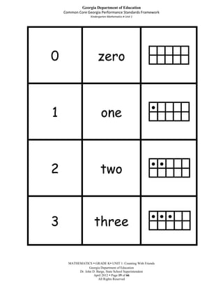 Georgia Department of Education
    Common Core Georgia Performance Standards Framework
                   Kindergarten Mathematics Unit 1




0                       zero



1                         one
                                                       ●




2                         two
                                                       ● ●




3                    three
                                                       ● ● ●




      MATHEMATICS  GRADE K UNIT 1: Counting With Friends
                  Georgia Department of Education
           Dr. John D. Barge, State School Superintendent
                     April 2012  Page 19 of 66
                        All Rights Reserved
 