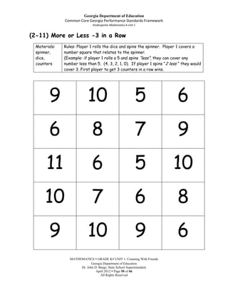 Georgia Department of Education
              Common Core Georgia Performance Standards Framework
                              Kindergarten Mathematics Unit 1


(2-11) More or Less -3 in a Row
 Materials:   Rules: Player 1 rolls the dice and spins the spinner. Player 1 covers a
 spinner,     number square that relates to the spinner.
 dice,        (Example: if player 1 rolls a 5 and spins “less”, they can cover any
 counters     number less than 5. (4, 3, 2, 1, 0). If player 1 spins “2 less “ they would
              cover 3. First player to get 3 counters in a row wins.




        9                  10                               5               6
        6                     8                             7               9
      11                      6                             5            10
     10                       7                             6               8
        9                  10                               9               6
                 MATHEMATICS  GRADE K UNIT 1: Counting With Friends
                             Georgia Department of Education
                      Dr. John D. Barge, State School Superintendent
                                April 2012  Page 50 of 66
                                   All Rights Reserved
 