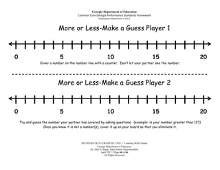 Georgia Department of Education
                                        Common Core Georgia Performance Standards Framework
                                                       Kindergarten Mathematics Unit 1



                            More or Less-Make a Guess Player 1

I I I I I I I I I I I I I I I I I I I I I
0                            5                                 10                                15                 20
                Cover a number on the number line with a counter. Don’t let your partner see the number.


----------------------------------------------------------
                            More or Less-Make a Guess Player 2

I I I I I I I I I I I I I I I I I I I I I
0                            5                                 10                                15                 20
    Try and guess the number your partner has covered by asking questions. (example: is your number greater than 12?)
                   Once you know it is not a number(s), cover it up on your board so that you eliminate it.



                                          MATHEMATICS  GRADE K UNIT 1: Counting With Friends
                                                      Georgia Department of Education
                                               Dr. John D. Barge, State School Superintendent
                                                         April 2012  Page 60 of 66
                                                            All Rights Reserved
 