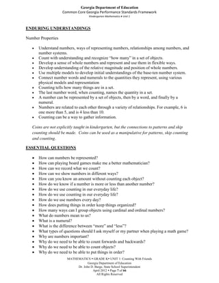 Georgia Department of Education
                    Common Core Georgia Performance Standards Framework
                                   Kindergarten Mathematics Unit 1



ENDURING UNDERSTANDINGS

Number Properties

      Understand numbers, ways of representing numbers, relationships among numbers, and
      number systems.
      Count with understanding and recognize “how many” in a set of objects.
      Develop a sense of whole numbers and represent and use them in flexible ways.
      Develop understanding of the relative magnitude and position of whole numbers.
      Use multiple models to develop initial understandings of the base-ten number system.
      Connect number words and numerals to the quantities they represent, using various
      physical models and representation
      Counting tells how many things are in a set.
      The last number word, when counting, names the quantity in a set.
      A number can be represented by a set of objects, then by a word, and finally by a
      numeral.
      Numbers are related to each other through a variety of relationships. For example, 6 is
      one more than 5, and is 4 less than 10.
      Counting can be a way to gather information.

   Coins are not explicitly taught in kindergarten, but the connections to patterns and skip
   counting should be made. Coins can be used as a manipulative for patterns, skip counting
   and counting.

ESSENTIAL QUESTIONS

      How can numbers be represented?
      How can playing board games make me a better mathematician?
      How can we record what we count?
      How can we show numbers in different ways?
      How can you know an amount without counting each object?
      How do we know if a number is more or less than another number?
      How do we use counting in our everyday life?
      How do we use counting in our everyday life?
      How do we use numbers every day?
      How does putting things in order keep things organized?
      How many ways can I group objects using cardinal and ordinal numbers?
      What do numbers mean to us?
      What is a numeral?
      What is the difference between “more” and “less”?
      What types of questions should I ask myself or my partner when playing a math game?
      Why are numbers important?
      Why do we need to be able to count forwards and backwards?
      Why do we need to be able to count objects?
      Why do we need to be able to put things in order?
                      MATHEMATICS  GRADE K UNIT 1: Counting With Friends
                                  Georgia Department of Education
                           Dr. John D. Barge, State School Superintendent
                                     April 2012  Page 7 of 66
                                        All Rights Reserved
 