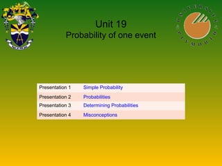 Unit 19
Probability of one event
Presentation 1 Simple Probability
Presentation 2 Probabilities
Presentation 3 Determining Probabilities
Presentation 4 Misconceptions
 