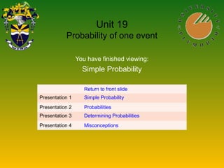 Unit 19
Probability of one event
You have finished viewing:
Simple Probability
Return to front slide
Presentation 1 Simple Probability
Presentation 2 Probabilities
Presentation 3 Determining Probabilities
Presentation 4 Misconceptions
 