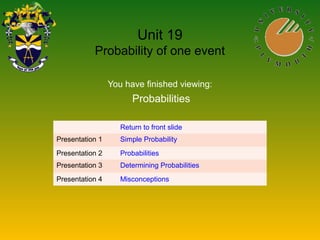 Unit 19
Probability of one event
You have finished viewing:
Probabilities
Return to front slide
Presentation 1 Simple Probability
Presentation 2 Probabilities
Presentation 3 Determining Probabilities
Presentation 4 Misconceptions
 