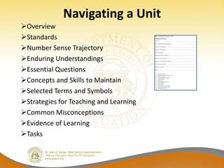 Navigating a Unit
Overview
Standards
Number Sense Trajectory
Enduring Understandings
Essential Questions
Concepts and Skills to Maintain
Selected Terms and Symbols
Strategies for Teaching and Learning
Common Misconceptions
Evidence of Learning
Tasks
 