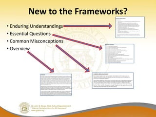 New to the Frameworks?
• Enduring Understandings
• Essential Questions
• Common Misconceptions
• Overview
 