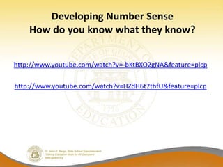 Developing Number Sense
    How do you know what they know?


http://www.youtube.com/watch?v=-bKtBXO2gNA&feature=plcp

http://www.youtube.com/watch?v=HZdH6t7thfU&feature=plcp
 