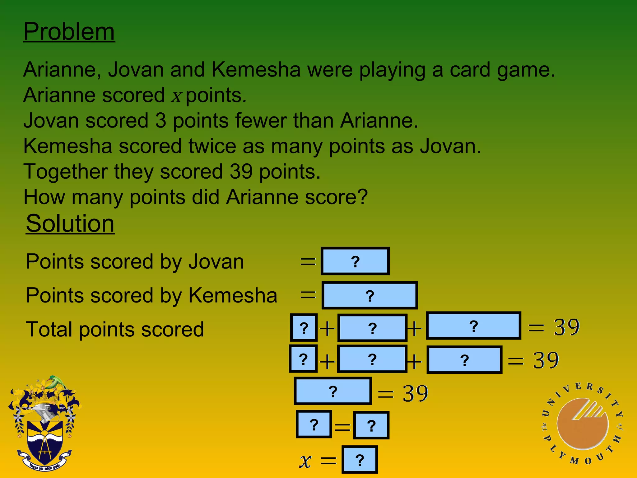 Problem
Arianne, Jovan and Kemesha were playing a card game.
Arianne scored x points.
Jovan scored 3 points fewer than Arianne.
Kemesha scored twice as many points as Jovan.
Together they scored 39 points.
How many points did Arianne score?
Solution
Points scored by Jovan
Points scored by Kemesha
Total points scored
?
?
?
?
?
?
?
? ?
??
?
 