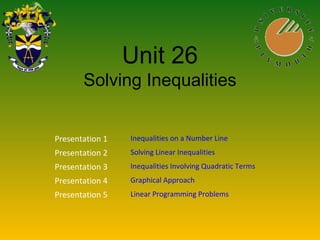 Unit 26
Solving Inequalities
Presentation 1 Inequalities on a Number Line
Presentation 2 Solving Linear Inequalities
Presentation 3 Inequalities Involving Quadratic Terms
Presentation 4 Graphical Approach
Presentation 5 Linear Programming Problems
 