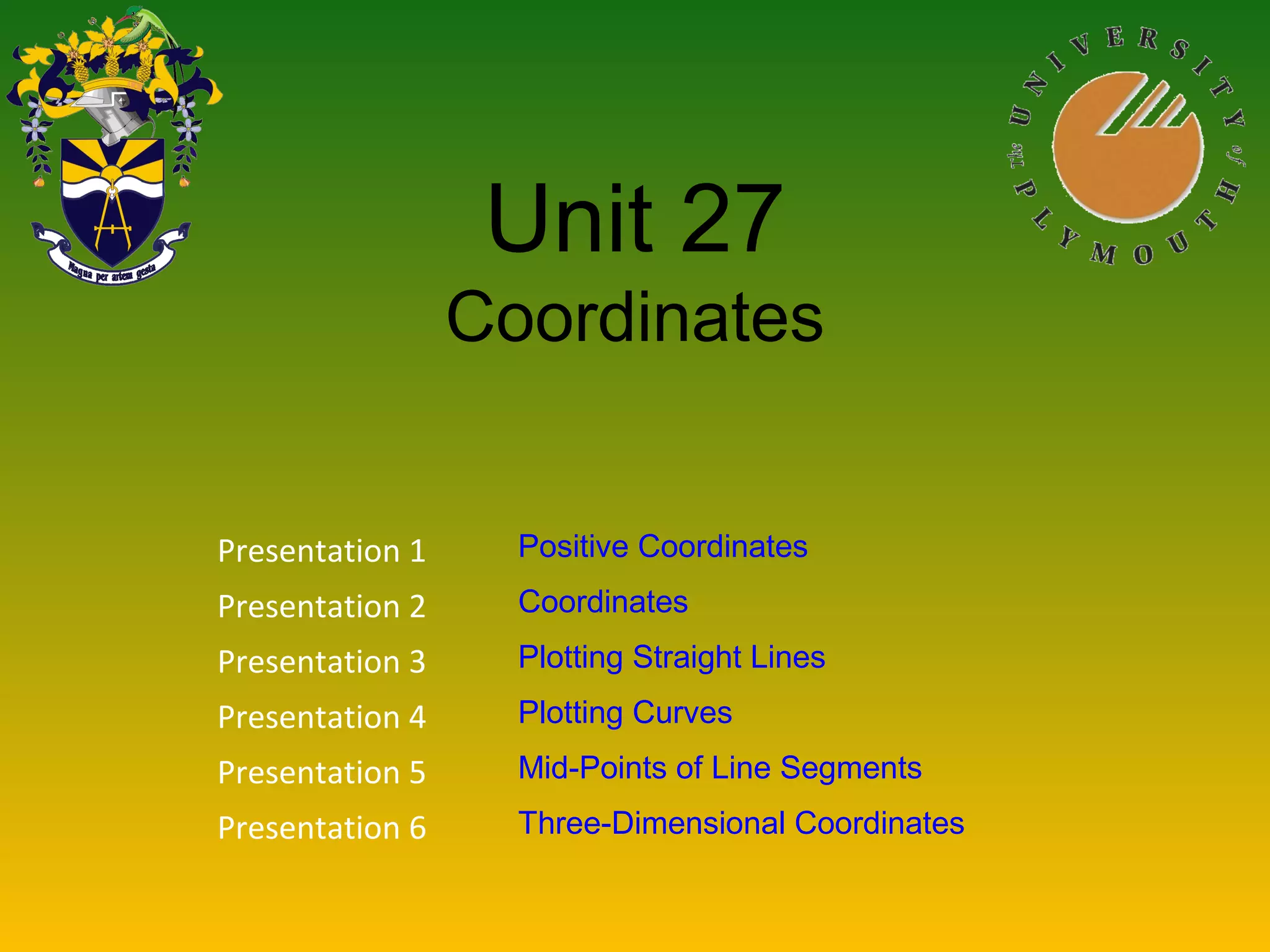 Unit 27
Coordinates
Presentation 1 Positive Coordinates
Presentation 2 Coordinates
Presentation 3 Plotting Straight Lines
Presentation 4 Plotting Curves
Presentation 5 Mid-Points of Line Segments
Presentation 6 Three-Dimensional Coordinates
 
