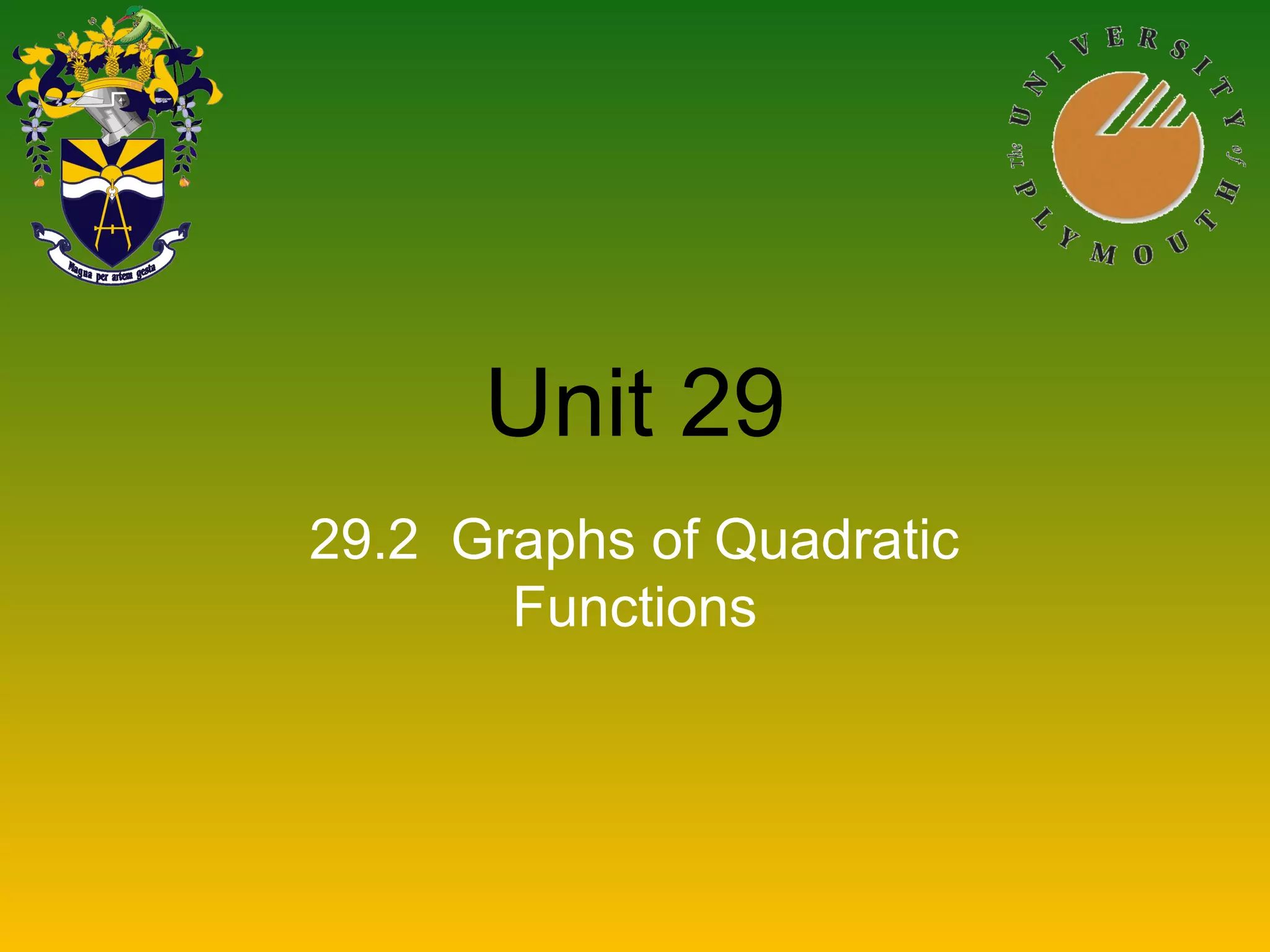 Unit 29
29.2 Graphs of Quadratic
Functions
 