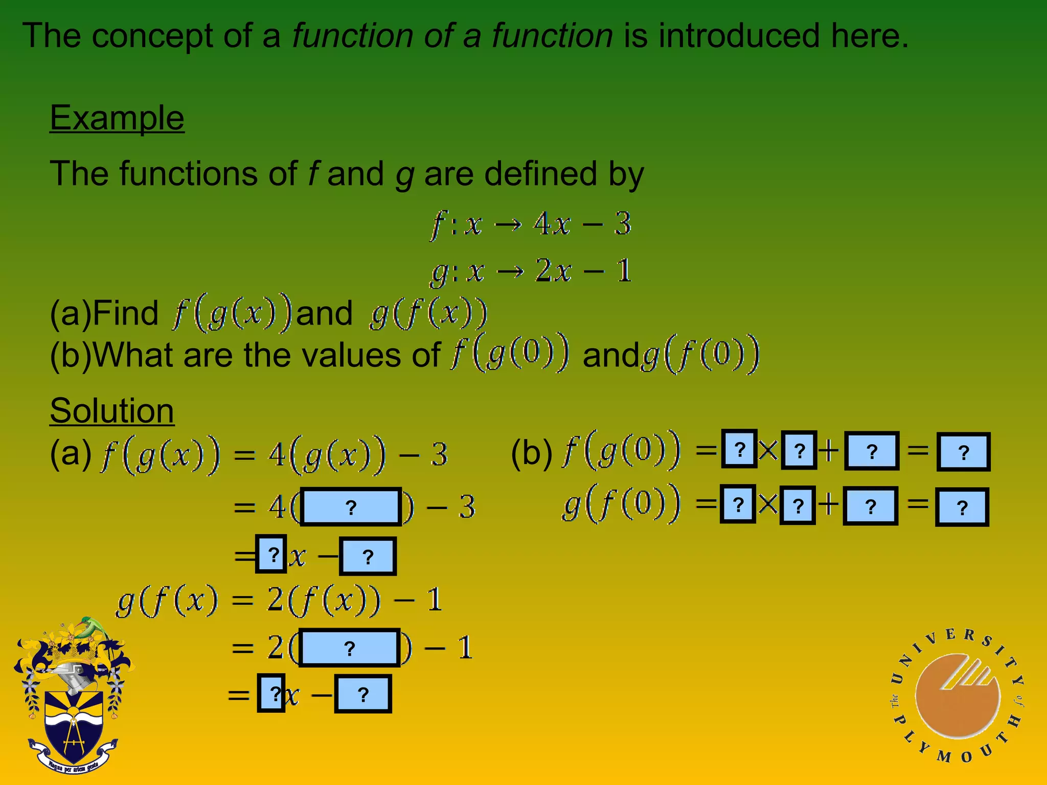 The concept of a function of a function is introduced here.
Example
The functions of f and g are defined by
(a)Find and
(b)What are the values of and
Solution
(a) (b) ????
??
?
?
??
????
 