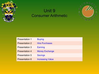Unit 9
Consumer Arithmetic
Presentation 1 Buying
Presentation 2 Hire Purchases
Presentation 3 Earning
Presentation 4 Money Exchange
Presentation 5 Savings
Presentation 6 Increasing Value
 