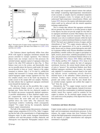 The Cañariaco dataset significantly differs from other
PCDs with regard to supergene enrichment minerals that
possess enriched Cu isotopic signatures. The Cañariaco
dataset lacks any isotopic reservoir that possesses the
enriched isotopic signature typical of supergene chalcocites
found in the other PCD analyzed to date (Fig. 3). Mass
balance must exist in the system, and theoretically, there
are two possible places the heavier could reside: the copper
moved laterally to form an “exotic” deposit or the copper
remained in solution. Only 2 of 36 total Cu sulfide-rich
samples had measured Cu isotope ratios different from
typical hypogene copper isotopic signatures (0±1‰). The
two samples clearly exist in the leach cap (because Fe
oxides coexist in the sample drill core sample). Therefore,
the data indicate that no significant supergene enrichment
exists beneath the leached cap.
The data do not rule out the possibility that a super-
gene enrichment blanket existed at some point in the
geologic past. Notice that the two chalcocite samples in
the leached cap possess isotopically depleted signatures.
A possible interpretation of these depleted copper isoto-
pic compositions could be that supergene chalcocite
formed below the water table and was subsequently
uplifted above the water table. The chalcocite then
experienced oxidative weathering which consequently
stripped 65
Cu copper leaving the isotopically depleted
residual copper mineralization.
The bulk of the copper isotope data possesses a hypogene
copper isotope composition (0.18±0.32‰, Table 2) suggest-
ing that the bulk of the mineralization is of high-temperature
hypogene origin. In other words, hypogene mineralization
conditions were such that primary covellite, chalcocite, and
chalcopyrite were deposited. Petrographic analysis shows
cross cutting and overgrowth mineral textures that indicate
that multiple overprinting high-temperature mineralization
events occurred, so samples must be considered composites
of several hypogene events. Cu isotopes can be used to
understand high-temperature mineralization (Maher and
Larson 2007); however, this requires individual grain analysis
which could not be achieved with the mineral separation
technique employed here.
The Cu isotope data indicate that supergene enrichment
did not generate the chalcocite or covellite present at depth
in the deposit, but does not provide insight for why little to
no supergene enrichment occurred. Mass balance must exist
in the copper isotope reservoirs measured. Why does en-
richment occur only in weathered remnants within the leach
cap and not as a typical enrichment blanket as found in other
PCDs? The leach cap is depleted in terms of copper, and the
whereabouts of “lost” 65
Cu copper remains unknown. The
migration and sequestration of Cu can be controlled by
many factors such as climate, pyrite/chalcopyrite ratio (abil-
ity to generate sulfuric acid), fracture abundance (secondary
permeability), metallic surfaces for copper to precipitate on,
uplift, erosion, preservation, solubility/precipitation of min-
erals, and preservation of enrichment blankets (Reich et al.
2008; Blanchard 1968; Chavez 2000; Sillitoe and McKee
1996; Hartley and Rice 2005; Anderson 1982). Some or all
of these factors probably explain the lack of supergene
enrichment; however, the current humid climate and lack
of units to “preserve” the enrichment blankets most likely
inhibited supergene enrichment. For instance, the isotopi-
cally depleted Cu enrichment minerals found in the leach
cap indicate current weathering actively dissolves
enriched layers in the subsurface without preserving en-
richment. Further copper isotopic measurements of
ground- and surface waters from the area should show
an enriched isotopic signature and confirm that copper is
“lost” from the system.
Alternatively, the 65
Cu copper isotopic reservoir could
exist as lateral “exotic” copper deposits. Instead of envision-
ing only vertical flow commonplace in traditional supergene
models, lateral flow regimes could be conduits for the
copper in solution. So, the enriched copper isotopic reser-
voir could exist on the periphery of the deposit but it has not
been discovered.
Conclusions and future directions
Copper isotope analyses can be used to distinguish between
high- and low-temperature mineralization processes. In this
instance, the copper isotope data from Cañariaco Norte
indicate that high-temperature mineralization events provid-
ed the majority of copper mineralization and supergene
enrichment is negligible.
Fig. 3 Histogram plot of copper isotope composition of minerals from
porphyry copper deposits; data taken from Mathur et al. (2005, 2010)
and Zhu et al. (2000)
760 Miner Deposita (2012) 47:755–762
 