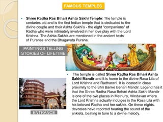  The temple is called Shree Radha Ras Bihari Ashta
Sakhi Mandir and it is home to the divine Rasa Lila of
Lord Krishna and Radharani. It is located in close
proximity to the Shri Banke Behari Mandir. Legend has it
that the Shree Radha Rasa Behari Ashta Sakhi Mandir
is one of the two places in Mathura, Vrindavan where
the Lord Krishna actually indulges in the Rasa Lila with
his beloved Radha and her sakhis. On these nights,
devotees have reported hearing the sound of the
anklets, beating in tune to a divine melody.
FAMOUS TEMPLES
 Shree Radha Ras Bihari Ashta Sakhi Temple: The temple is
centuries old and is the first Indian temple that is dedicated to the
divine couple and their Ashta Sakhi’s - the eight "companions" of
Radha who were intimately involved in her love play with the Lord
Krishna. The Ashta Sakhis are mentioned in the ancient texts
of Puranas and the Bhagavata Purana.
PAINTINGS TELLING
STORIES OF LIFETIME
ENTRANCE
 