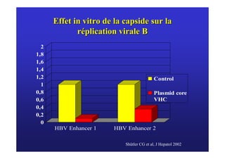 Effet in vitro de la capside sur la
             réplication virale B
  2
1,8
1,6
1,4
1,2                                        Control
  1
0,8                                        Plasmid core
0,6                                        VHC
0,4
0,2
  0
      HBV Enhancer 1   HBV Enhancer 2

                           Shütler CG et al, J Hepatol 2002
 