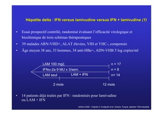 Hépatite delta : IFN versus lamivudine versus IFN + lamivudine (1)


•   Essai prospectif contrôlé, randomisé évaluant l’efficacité virologique et
    biochimique de trois schémas thérapeutiques
•   39 malades ARN-VHD+, ALAT élevées, VIH et VHC-, compensés
•   Âge moyen 38 ans, 33 hommes, 34 anti-HBe+, ADN-VHB 5 log copies/ml


                 LAM 100 mg/j                                                 n = 17
                 IFNα-2a 9 MU x 3/sem.                                        n=8
                 LAM seul         LAM + IFN                                   n= 14

                        2 mois                                      12 mois


•   14 patients déjà traités par IFN : randomisés pour lamivudine
    ou LAM + IFN
                                         AASLD 2005 – D’après C.Yurdaydin et al. Ankara, Turquie, abstract 1334 actualisé
 