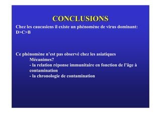 CONCLUSIONS
Chez les caucasiens il existe un phénomène de virus dominant:
D>C>B



Ce phénomène n’est pas observé chez les asiatiques
      Mécanimes?
      - la relation réponse immunitaire en fonction de l’âge à
      contamination
      - la chronologie de contamination
 