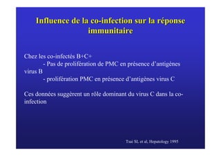 Influence de la co-infection sur la réponse
                   immunitaire

Chez les co-infectés B+C+
        - Pas de prolifération de PMC en présence d’antigènes
virus B
        - prolifération PMC en présence d’antigènes virus C

Ces données suggèrent un rôle dominant du virus C dans la co-
infection




                                       Tsai SL et al, Hepatology 1995
 